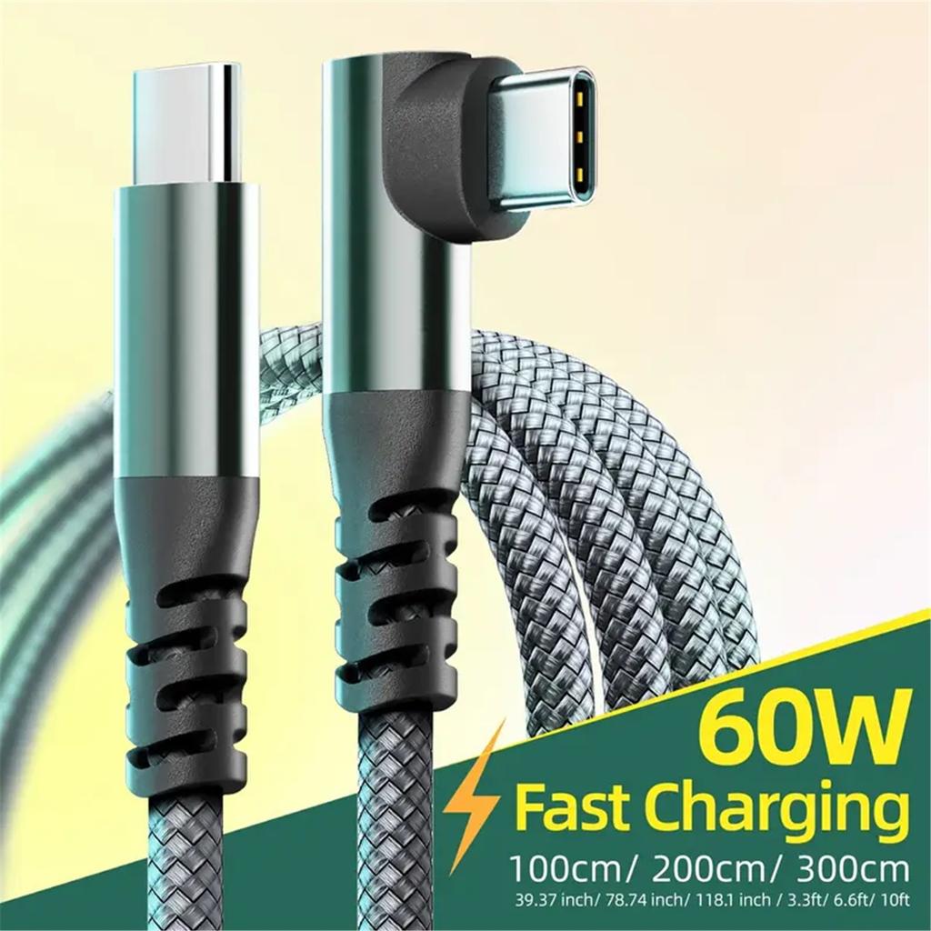 Угловой USB-C на USB-C Кабель 1М 2М 3М 10ФТ, 60Вт PD Быстрая Зарядка Синхронизация Данных Нейлоновая Оплетка Type‑C Зарядный Шнур для iPhone 15 15Plus 15Pro Max Android Планшета