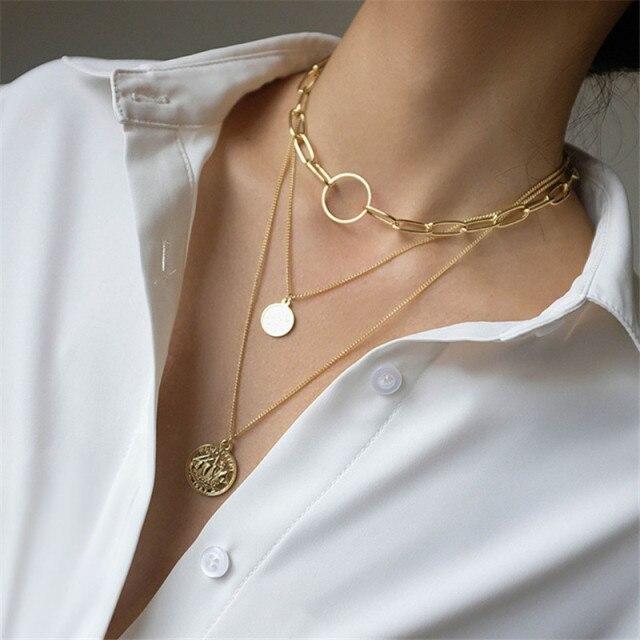 Vintage Multi-layer Coin Pendant Choker Necklace For Women Gold Silver Color Fashion Chunky Chain Necklaces Jewelry
