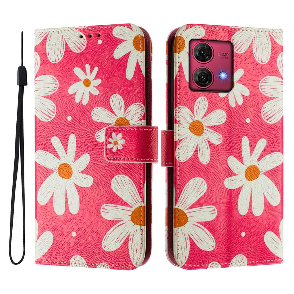 Роскошный кожаный чехол-книжка с розовым рисунком в виде ромашки для Motorola Moto G60, G40 Fusion, G10, G20, G30, G Play, G Power, Edge 50 NEO...