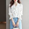 Модная шифоновая рубашка с длинными рукавами и оборками, женская повседневная свободная женская блузка на пуговицах, белая элегантная офисная женская топы, одежда 28768