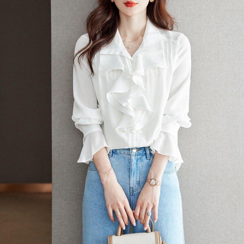 Модная шифоновая рубашка с длинными рукавами и оборками, женская повседневная свободная женская блузка на пуговицах, белая элегантная офисная женская топы, одежда 28768