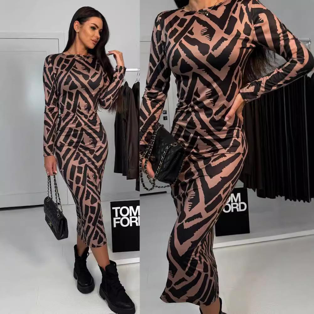 2024 Осеннее платье миди с абстрактным полосатым принтом для женщин