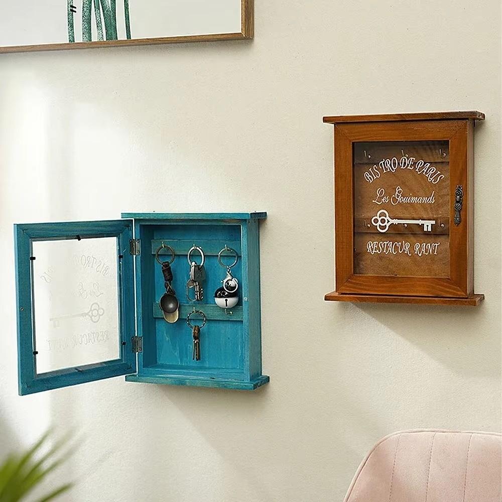 Wooden Wall-Mounted Key Holder Rustic Key Hook Entryway Organizer Cabinet Key Rack Living Room