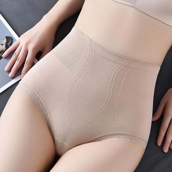 Women High Waist Seamless Panties Hip Lifting Tummy Control Lace Trim Ribbed Briefs Elastic Skinny Underpants