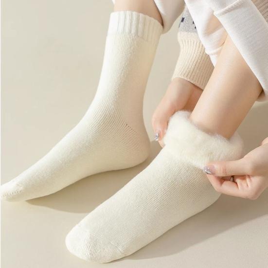 1 пара женских зимних носков однотонные с рубчатыми манжетами, утолщенная плюшевая подкладка, носки для сна, осень-зима, для повседневной носки