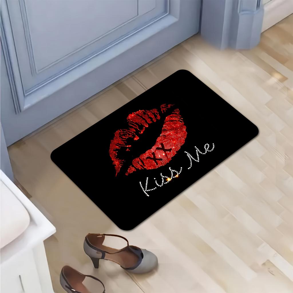 Red Lips Kiss Theme Welcome Doormat, Artistic Red Lip Non-Slip Floor Rug, Washable Decorative Entryway Mat for Home