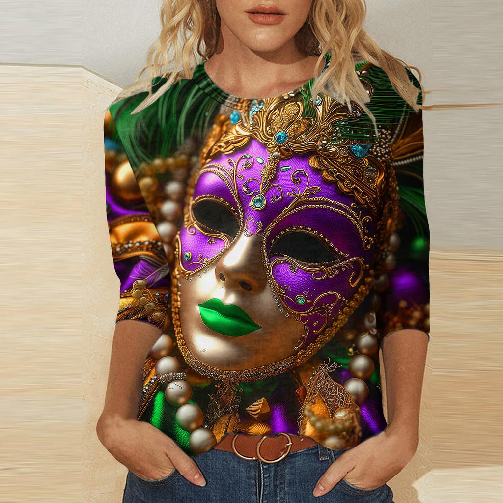 Round Neck 3D Mask Printed Top Fashionable Casual Long Sleeved Women's T-shirts