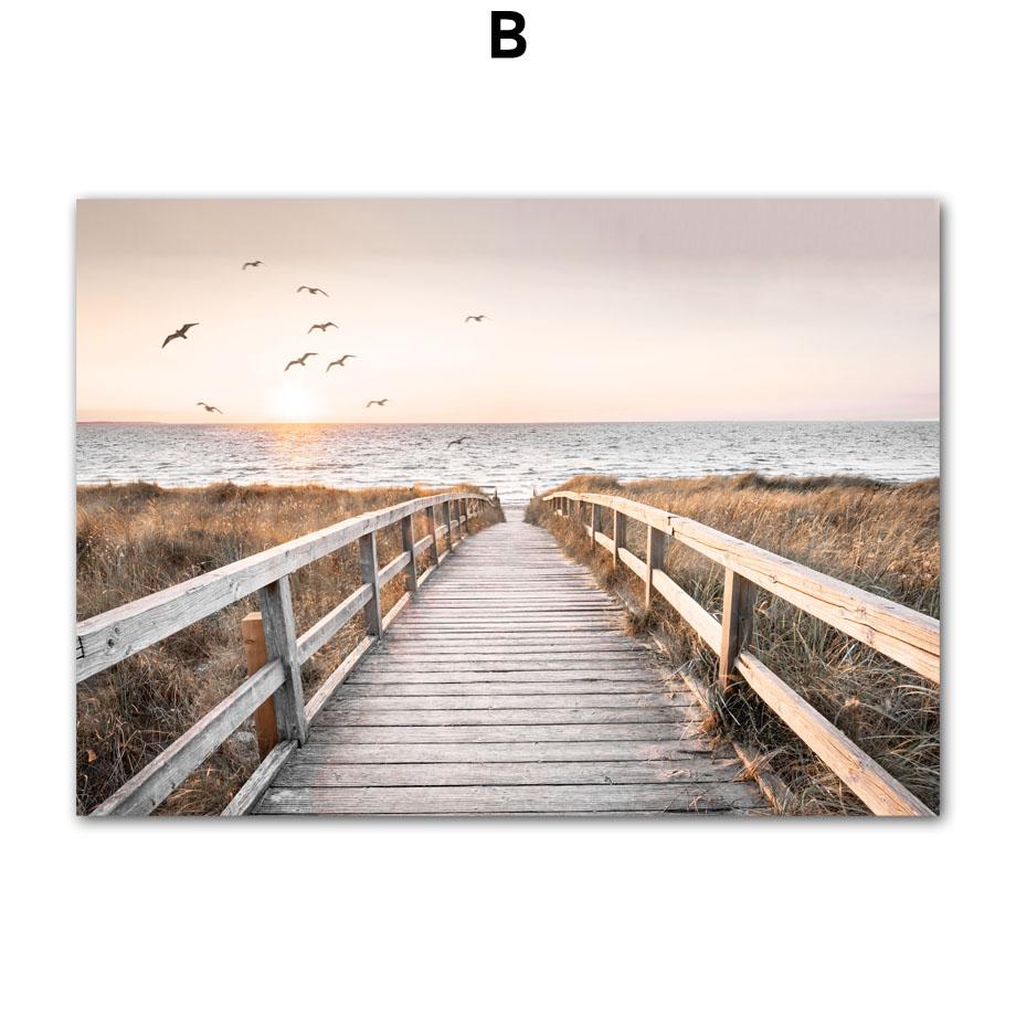 Sunset Beach Coconut Tree Bridge Shell Bird Wall Art Living Room Decoration Canvas Painting Nordic Posters And Prints Pictures