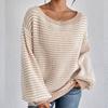 Women's Fall/Winter Loose One-line Shoulder Off-the-shoulder Knit Vintage Lantern Sleeve Striped Sweater