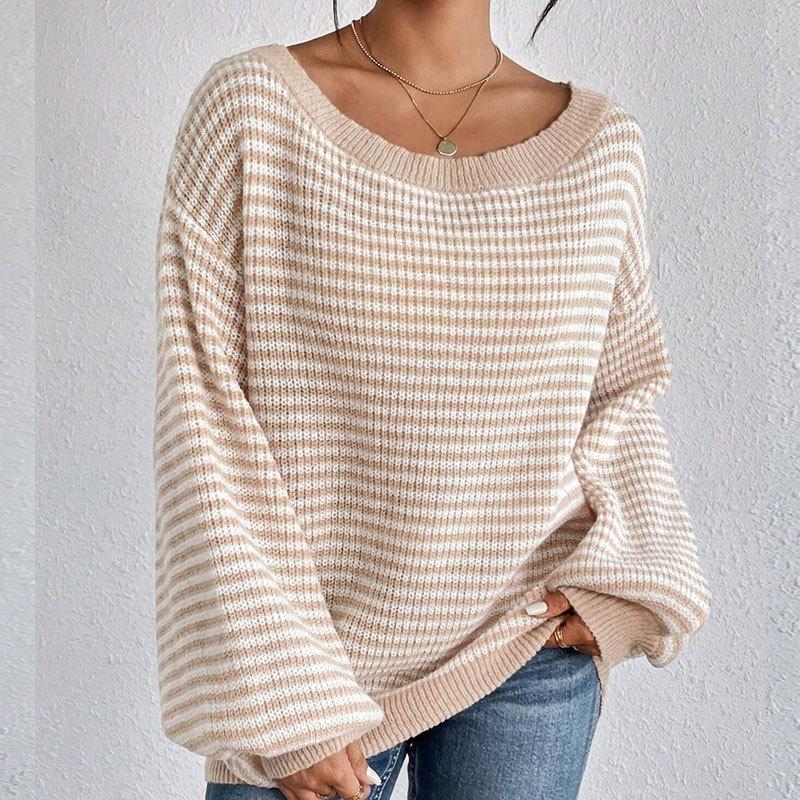 Women's Fall/Winter Loose One-line Shoulder Off-the-shoulder Knit Vintage Lantern Sleeve Striped Sweater