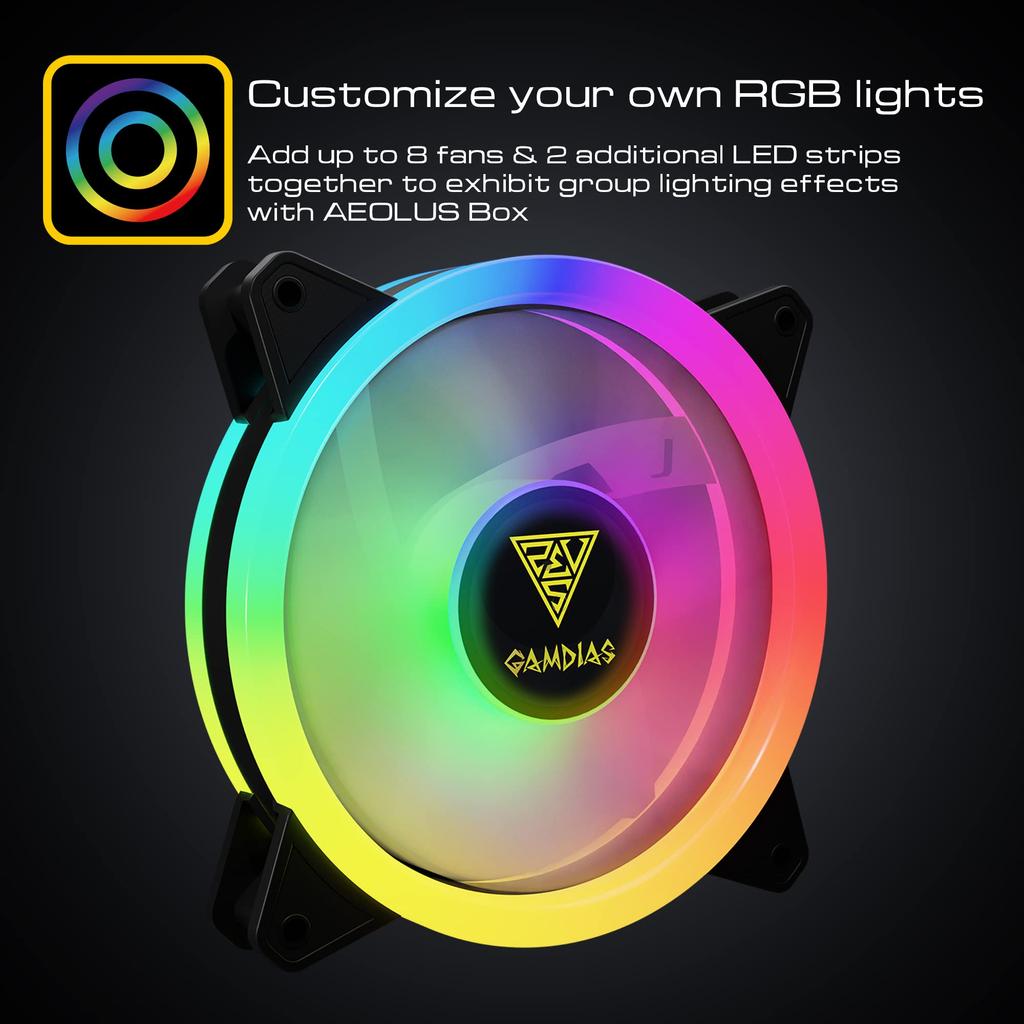GAMDIAS 120mm ARGB Computer Case Fan 5 Pack Addressable RGB Case Fan Hub with Remote Control Supports Up to 8 Fans 2 Strips Motherboard Sync 56CFM