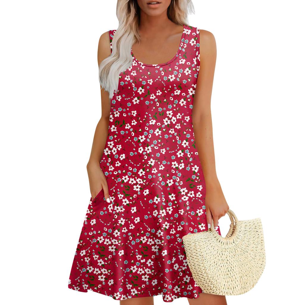 Women's Summer Casual U-shaped Tie Pocket Popular Floral Print Dress