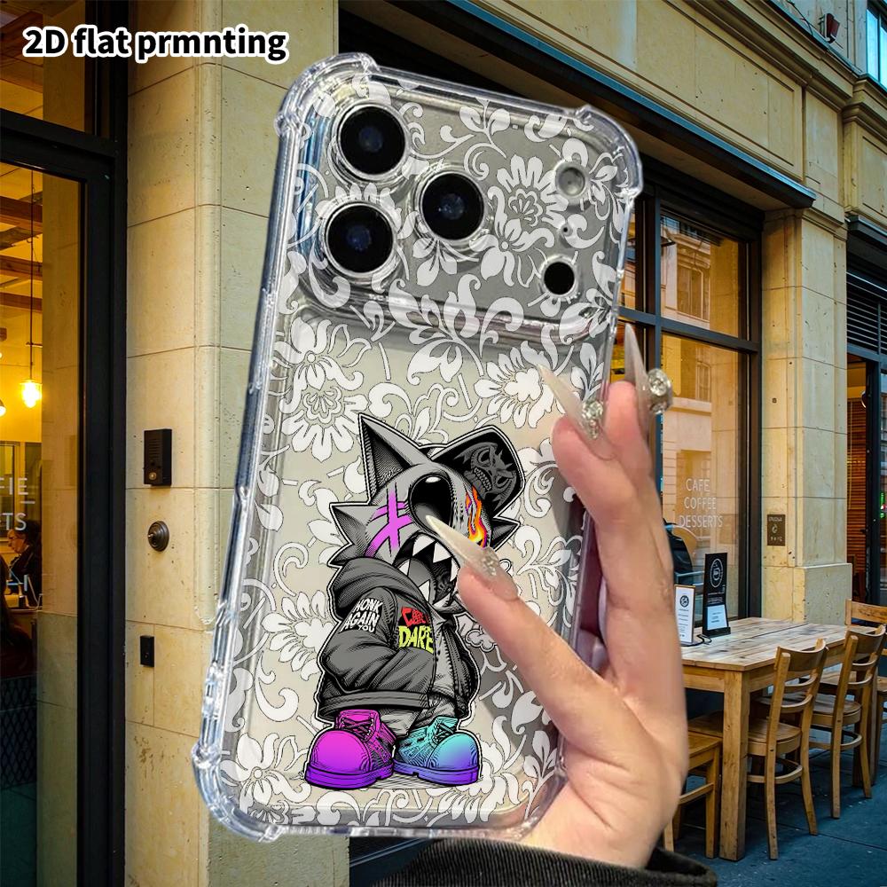 Phone case: 2D flat suitable for iPhone 18 17 16 15 14 13 Pro, transparent four corner protective case, monster cat, Christmas and Halloween gifts