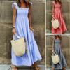 Square Collar Sleeveless Ruffle Trim Summer Dress Plaid Print Stitching Large Hem Sling Maxi Dress Streetwear
