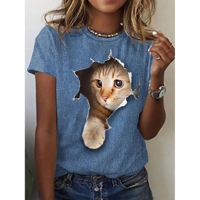Женская 3D Милая Футболка с принтом кота Модные женские футболки Топы Harujuku Kawaii Oversize Летний топ с круглым вырезом Женская одежда