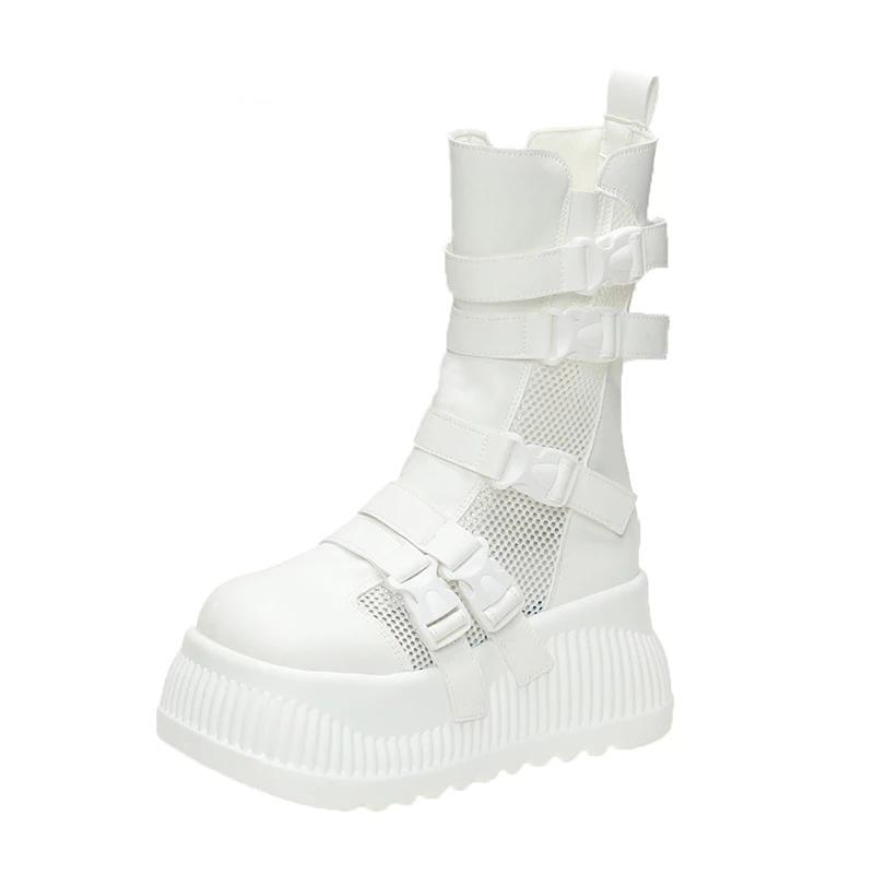 Модные женские весенне-летние ботинки 8,5 см Модные дышащие сетчатые кроссовки с вырезами Ботильоны на высокой платформе для женщин Уличная массивная обувь