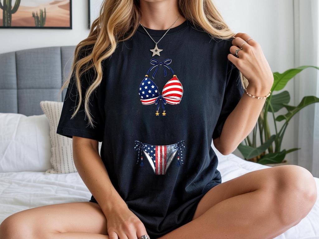 USA Flag Bikini Graphic Tee, 4th of July Summer Top, Patriotic Beach Tee