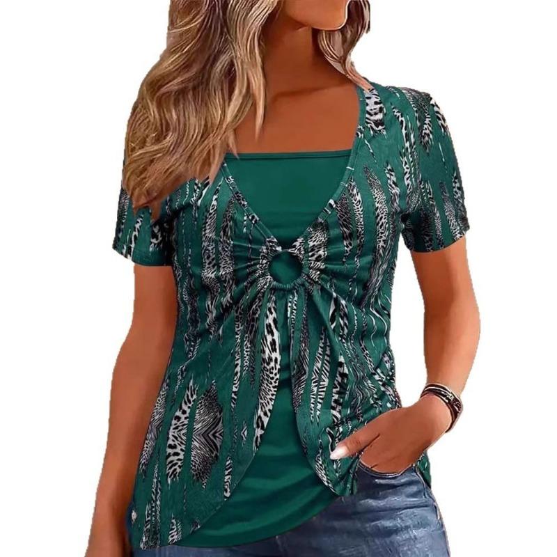 Женская новая поддельная двухсекционная круглая этническая принтованная повседневная с короткими рукавами