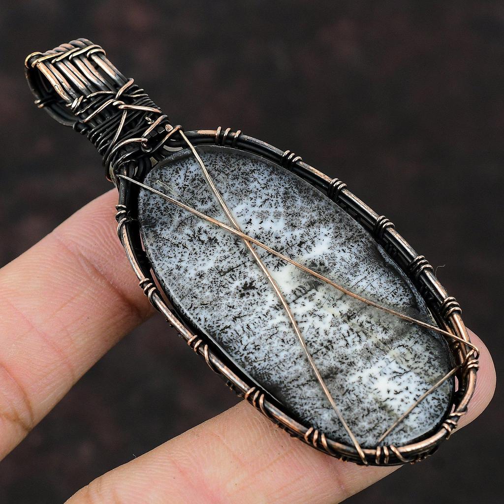 Кулон из дендритового опала, кулон, обмотанный медной проволокой, ювелирное изделие с драгоценным камнем радужного лунного камня, кулон ручной работы в стиле бохо, ювелирное изделие из медной проволоки, подарок для него