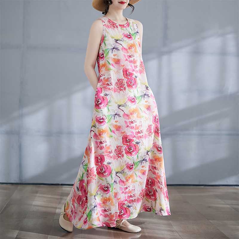 Новое бохо длинное платье лето новый стиль добавить жир для увеличения без рукавов с круглым вырезом принт платье