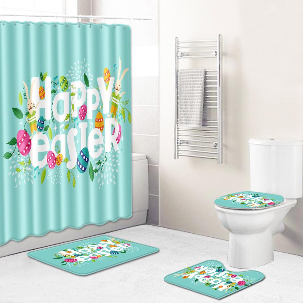 Easter Bunny Shower Curtain Floor Mat Four-Piece Set Bathroom Toilet Carpet Shower Room Mat Foot Mat