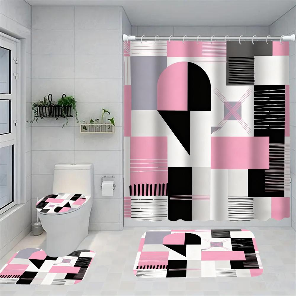 1/4 Geometric grid  print shower Curtains, Toilet Seat Decoration, Shower Curtain with Carpet and Toilet Lid, 70.8x70.8 inch