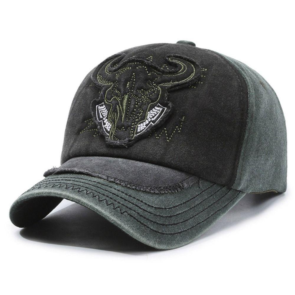 Washed Cotton Bull Head Embroidered Baseball Cap Hip Hop Adjustable Sun Hat Sunscreen Distressed Peaked Cap For Man Women Unisex