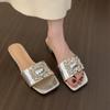 French rhinestone square buckle open-toed slippers women's shoes wear 2025 summer with skirt silver thick heel sandals