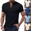 Men's Solid Color Cotton and Linen Short-sleeved Shirt Summer Casual Henry Collar Shirt Button V-neck Pullover Loose Top S-XXXL