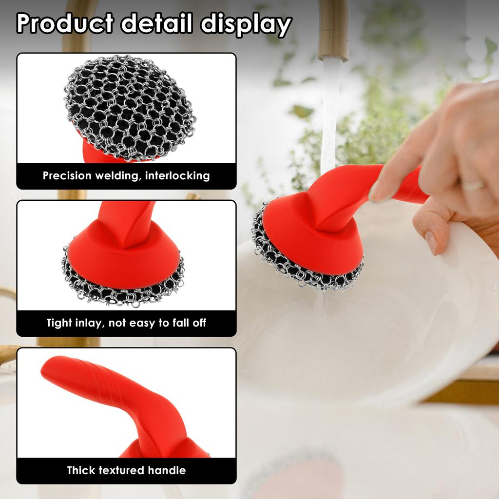 Cast Iron Scrubber with Silicone Handle Kitchen Rust Pot Pans Cleaning Brush Rust Remover Stubborn Stain Metal