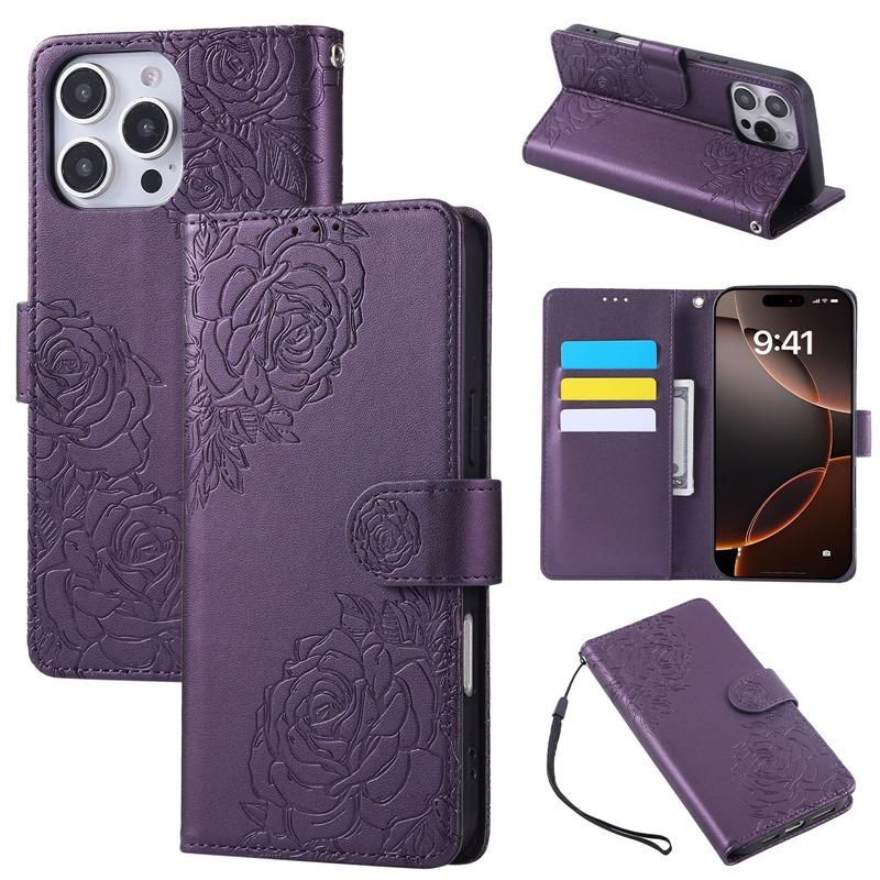 Suitable for Apple 17 Pro Max rose flower phone case, iPhone 16 embossed three-card flip cover, 15 protective case