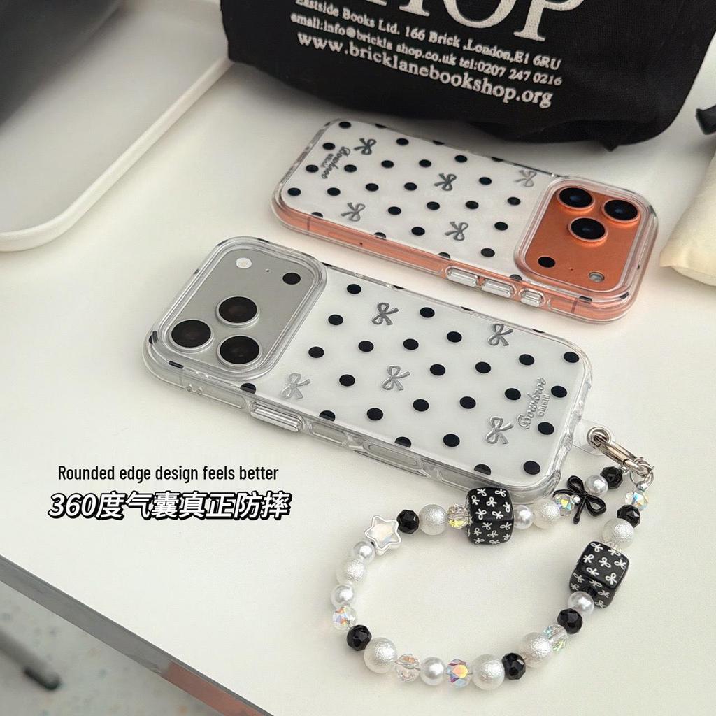 Простой Черно-Белый Чехол для Телефона с Горошком и Бантом для iPhone 17 Pro Max/16, Двухслойный Дизайн для Моделей 15/14.