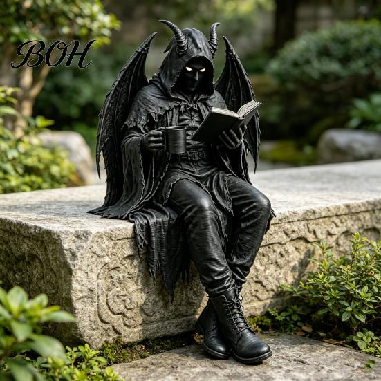 Unique Book Holder Sitting Skeleton Bookend Ornament, Matte Black Dark Hooded Figure Elegant Bookshelf Ornament for Desktop Study Room, Industrial
