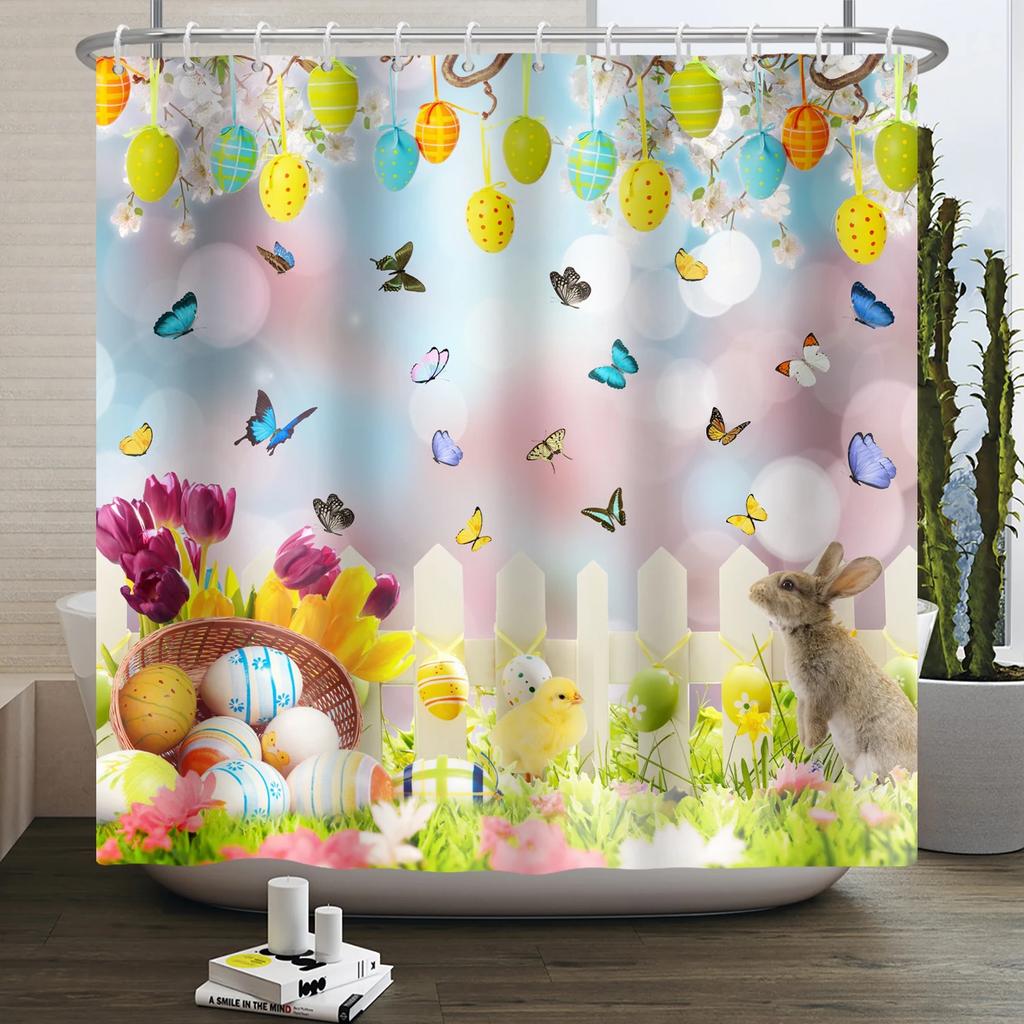 Весенняя Пасхальная Занавеска для душа Счастливый Кролик Кролик Яйца Цветочный Сад Цветочный Праздничный Водонепроницаемая Занавеска для душа для ванной комнаты с крючками