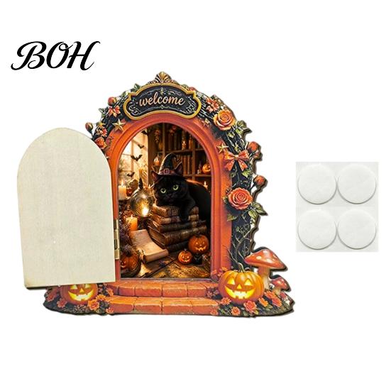 Openable Miniature Door Ornament Halloween Mouse Hole Wall Decoration, Retro Arched Fairy with Pumpkin Tale Garden & Flower Decor, for Holiday