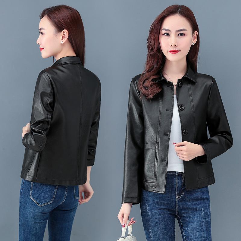 Leather Women's Short Style Plus Velvet Autumn and Winter Korean Version Is Thin and Versatile Lapel Motorcycle PU Leather Jacket Western Style Jacket