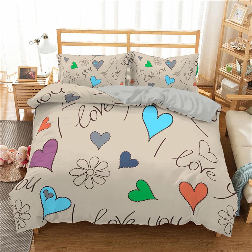 Room Decor Home Bedding Sets 2/3pcs Red Heart Printing Queen Size Pillowcase Duvet Cover Set Polyester Bedclothes