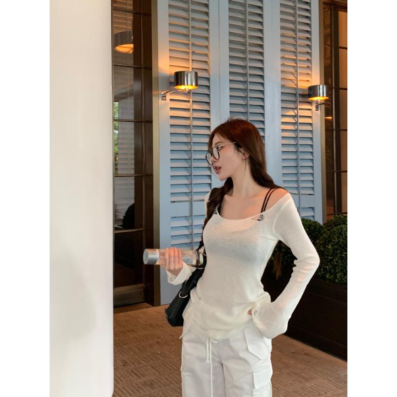 Корейская Сладкая Трикотажная Футболка с Длинным Рукавом и Дырочками Женская Тонкая Солнцезащитная Блуза-Смокинг Облегающая Приталенная Уникальная и Шикарная