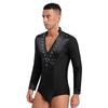 Men's Figure Skating Bodysuit - Glitter Rhinestones V Neck Long Sleeve Satin Patchwork Leotard