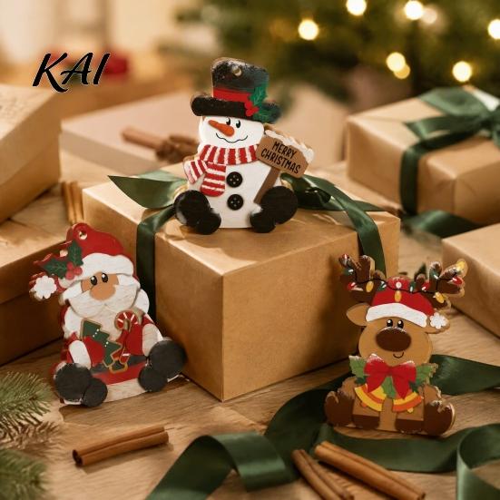 Holiday Gift for Friends 3Pcs Christmas Wooden Tabletop Decor Set, Santa Snowman Reindeer Figurine, Hanging Claus Elk Figurines Tree Ornament