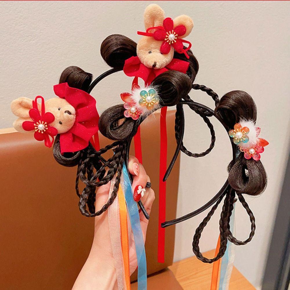 Braid Hair Chinese New Year Headwear Flower Hanfu Hair Sticks All-match Red Bow Hairband Girls