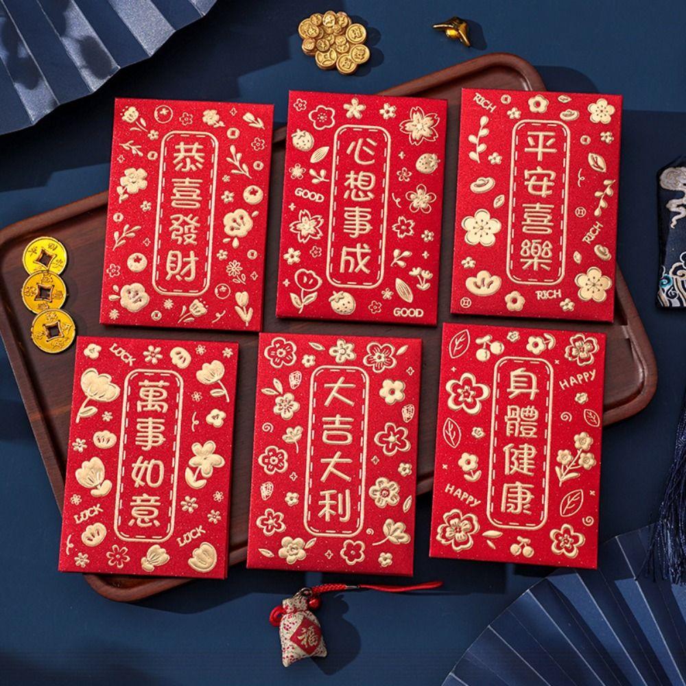 6Pcs Cute Lucky Red Pocket Cartooon New Year Red Packet Red Envelope Bag Blessing Gift