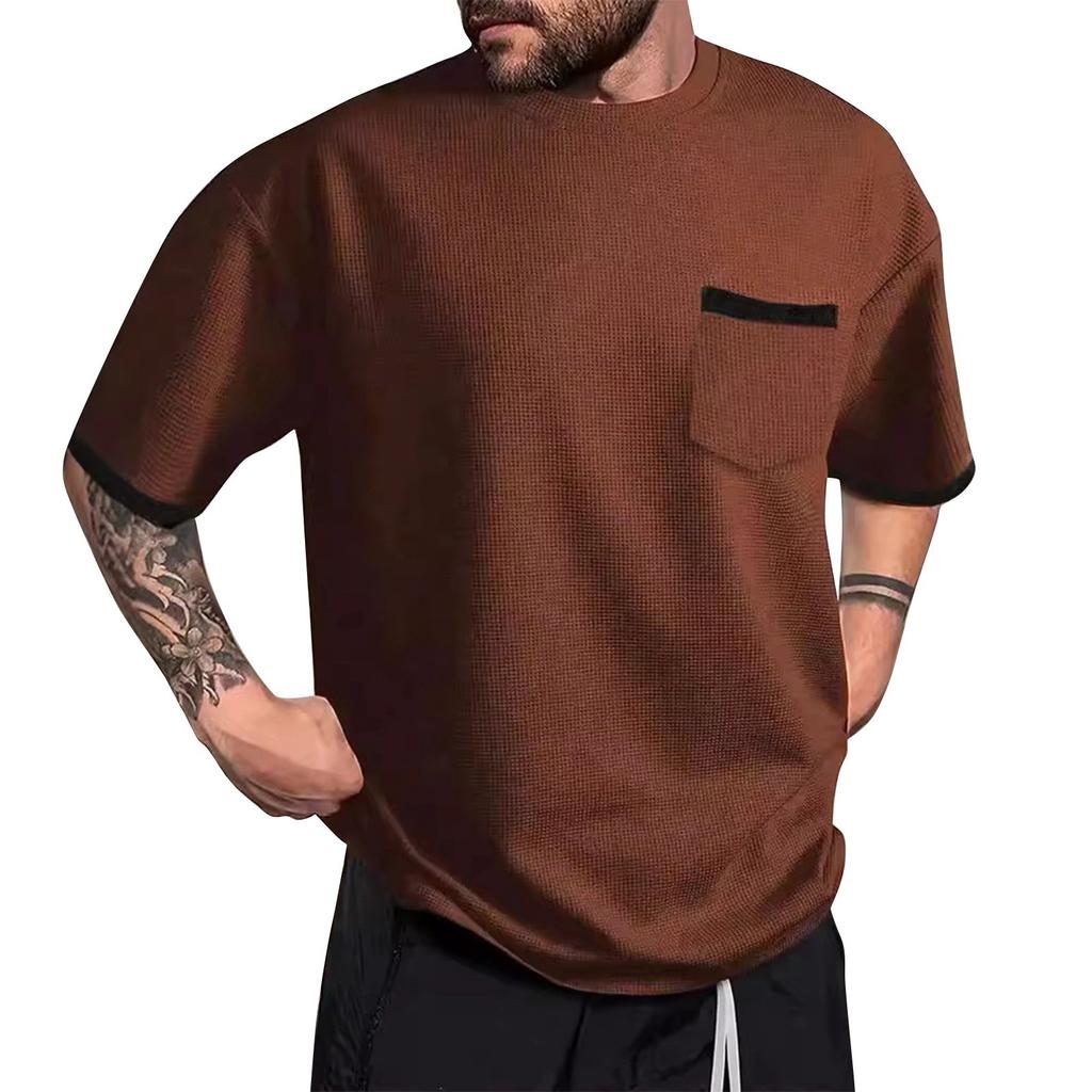 Men's Summer Colorblock Round Neck Loose Pocket Short Sleeve Top
