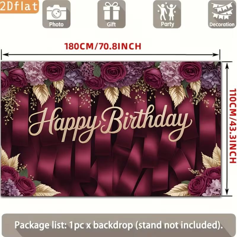 2D Birthday Photography Backdrop Burgundy Background with Purple Flowers and Satin Ribbons