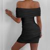 Women's Fashionable Summer Mid-rise Solid Color One-shoulder Pleated Hip Wrap Dress