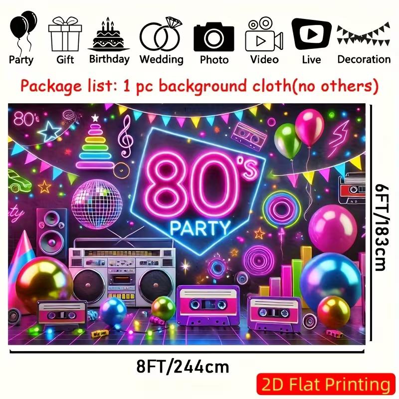 2D 80s Party Banner, Neon Boombox & Disco Ball Background