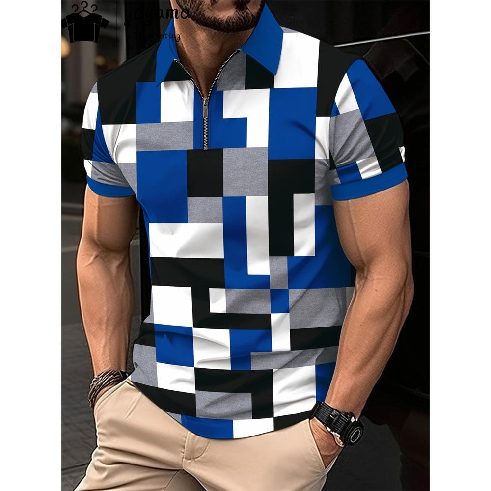 Мужская футболка-поло на молнии, модная клетчатая футболка с 3D-принтом, повседневная деловая футболка, мужское поло, уличная футболка с коротким рукавом на молнии