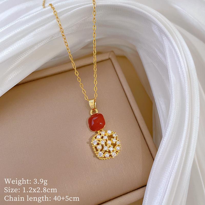 Geometric Vintage Red Enamel Zircon Square Necklace Stud Earrings for Women Y2K Stainless Steel Chain Jewelry Set Gifts
