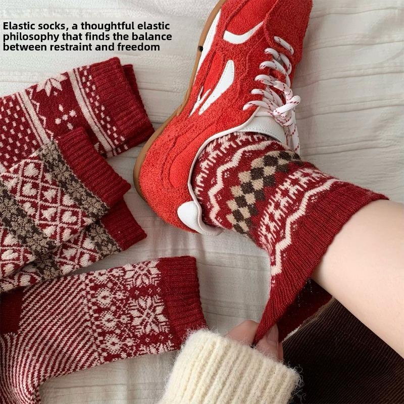 Новогодние красные носки, носки с узором «Фэр-Айл», осенне-зимние утолщенные шерстяные носки до середины икры, ромбовидные ретро