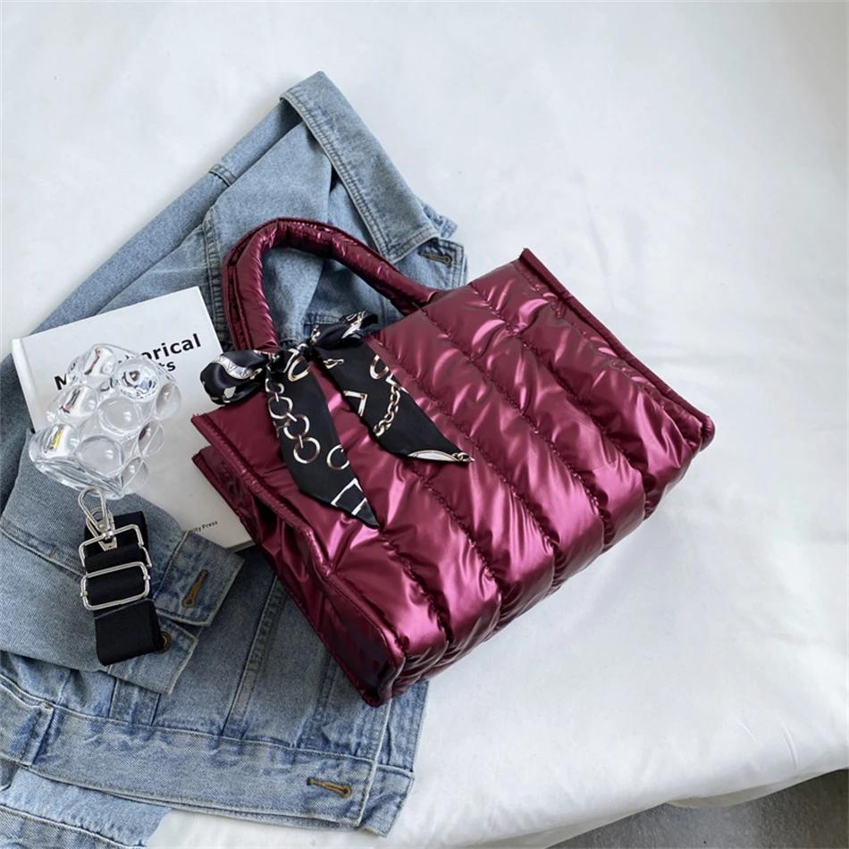 Elegant Women's Totes Bags with Silk Scarf Accent Winter Quilted Crossbody Bags for Women Casual Solid Color Padded Shoulder Bag
